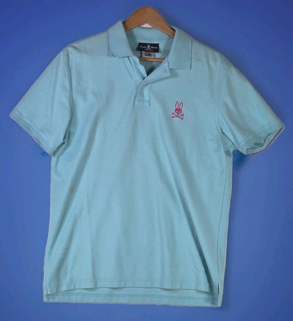 Psycho Bunny Men’s Polo Shirt Size 6 Turqoise Blue Big Skull Logo Pima Cotton